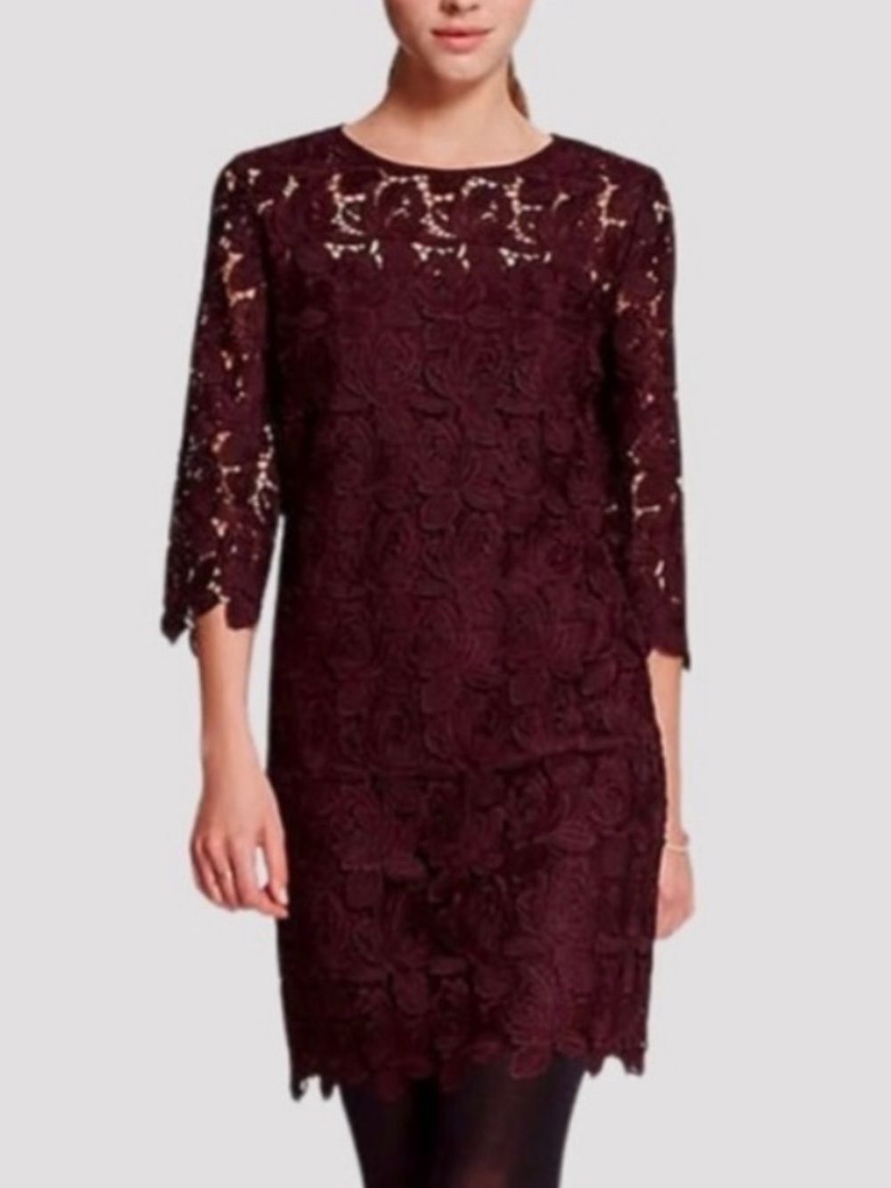 LOFT Burgundy Maroon Floral Lace Crew Neck 3/4 Sleeve Sheath Dress Sz 12